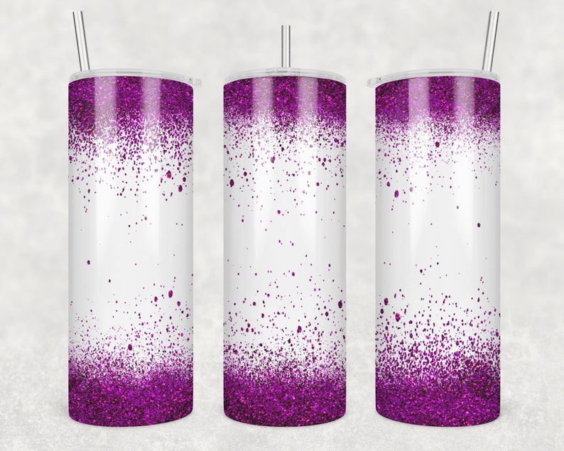 May include: Three stainless steel tumblers with a white background and a gradient of purple glitter at the bottom.