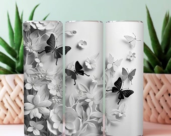 20oz 3D White Flowers with Black Butterflies Wrap, Digital File, Digital Download, Sublimation png, PNG file, Tumbler wrap, Floral png