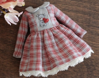 Teddy Bear Embroidery Plaid Blythe Doll Dress