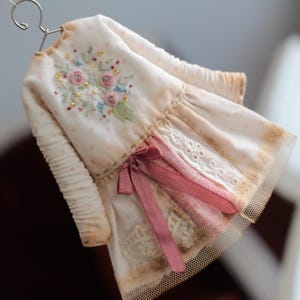 Könnte beinhalten: Ein Miniaturkleid mit langen Ärmeln aus cremefarbenem Stoff mit blassen rosa Punkten, verziert mit Blumenstickereien auf der Brust, einer malvenfarbenen Schleife in der Taille, weißer Spitzenborte und einem Saum aus feinem Netzstoff auf einem kleinen Drahtbügel.
