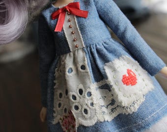 Heart embroidered patch dress for Blythe