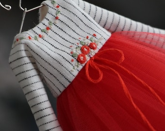 Red Tulle Blythe Dress: Striped Embroidered Top