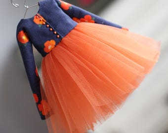 Dark Blue Floral Blythe Dress with Orange Tutu