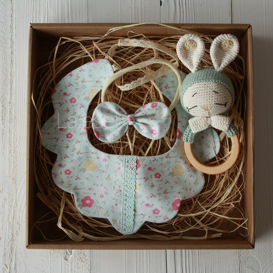 Vintage baby bib baby floral headband baby girl gift box ...