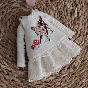 Embroidered Cotton Blythe Doll Dress and Apron Set, Deer Mushroom Detail