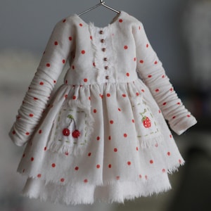 May include: A white doll dress with red polka dots and long sleeves. The dress features two pockets with embroidered cherries and strawberries. It has a ruffled neckline and is buttoned down the front.