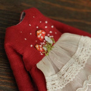 May include: A red dress with a white lace trim and embroidered mushrooms. The dress has a long sleeve and a gathered skirt.