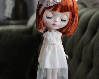 White Tutu Dress and Hair Band for Blythe Doll, Handmade Embroidery