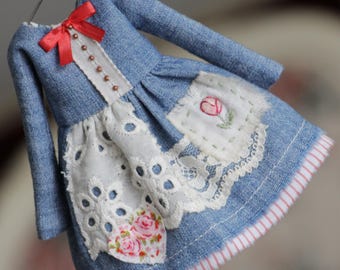 Flower embroidered patch dress for Blythe