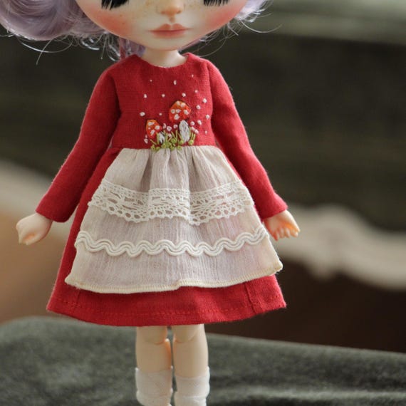 Handmade Mushroom Embroidery Dress: Red Blythe Doll Clothes