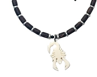 16-inch Braided Wood Beaded Scorpion Baffalo Bone Pendant Necklace  Choker