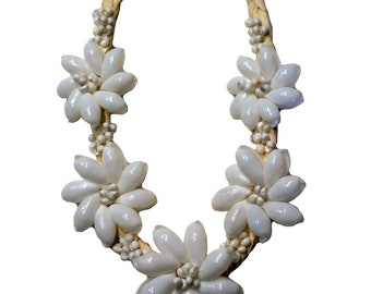 Beige or White Flower sigay/cowrie shell with 6mm mongo shell clusters handcrafted in braided raffia ribbon necklace or bracelet or set