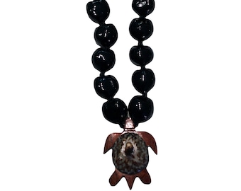 Hawaiian Style Black Kukui Nut Choker Lei Necklace with Opihi Shell on Koa Wood Turtle Honu Charm