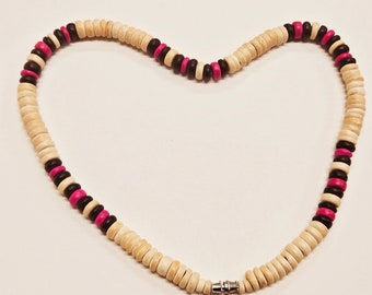 Nice Coconut Wood beaded 18" Beige Pink Brown Tribal Stlye Necklace