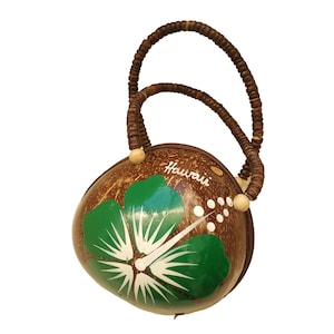 Cute Green Handmade Coconut Shell Purse Hawaii Aloha, Unique Style, One of a Kind, with Beaded Handle