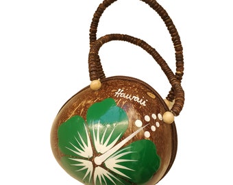 Cute Green Handmade Coconut Shell Purse Hawaii Aloha, Unique Style, One of a Kind, with Beaded Handle