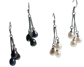 Cute Triple Freshwater Pearl dangle chain earrings Black Peacock or Light Cream