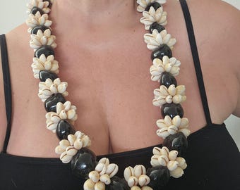 32-inch Double Cowrie Shell with Black Glossy Kukui Nut Necklace Lei