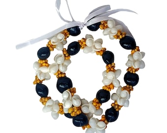 32-inch Bubble Shell with Mongo Shell Black Glossy Kukui Nut shell Necklace Lei