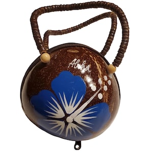 Cute Blue Handmade Coconut Shell Purse Hawaii Aloha, Unique Style, One of a Kind, with Beaded Handle