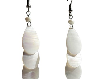 Iridescent Shell Dangle Earrings, Triple Drop Design