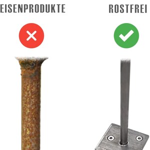 May include: A side-by-side comparison of two metal posts. The post on the left is rusty and labeled "HERK&Ouml;MMLICHE EISENPRODUKTE" with a red X. The post on the right is shiny and labeled "EDELSTAHL ROSTFREI" with a green checkmark.