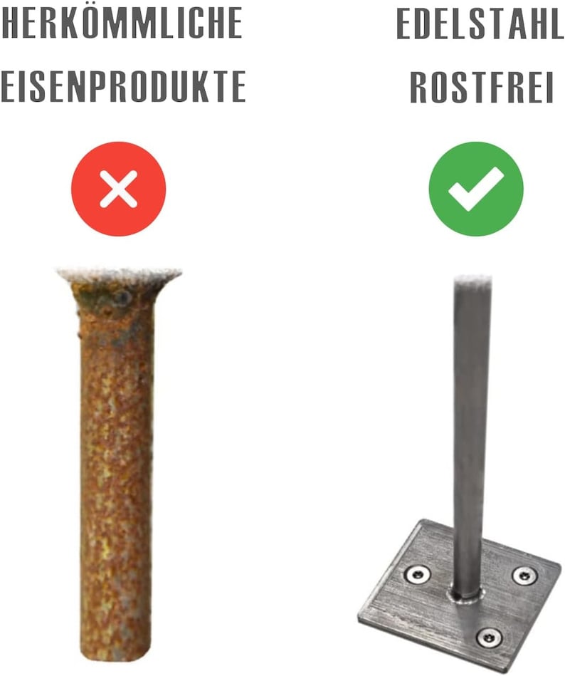 May include: A side-by-side comparison of two metal posts. The post on the left is rusty and labeled "HERK&Ouml;MMLICHE EISENPRODUKTE" with a red X. The post on the right is shiny and labeled "EDELSTAHL ROSTFREI" with a green checkmark.