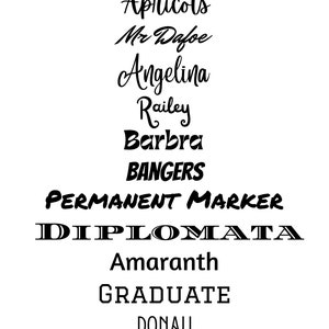 May include: A list of different fonts in black text on a white background. The fonts are: Apricots, Mr Dafoe, Angelina, Railey, Barbra, BANGERS, PERMANENT MARKER, DIPLOMATA, Amaranth, GRADUATE, DONAU, Architects Daughter.