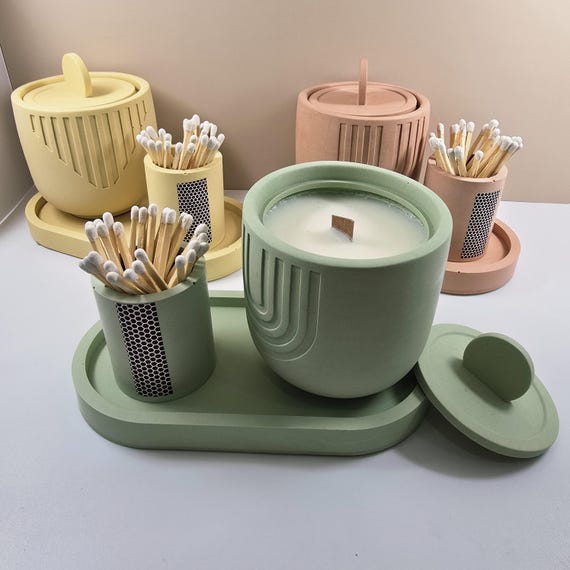 Jesmonite.Candle.Candle gift set.Homeware.Minimal.Handmade.Gift.Sustainable.Pastel.Trinket dish.Match holder.Home decor.Scandinavian