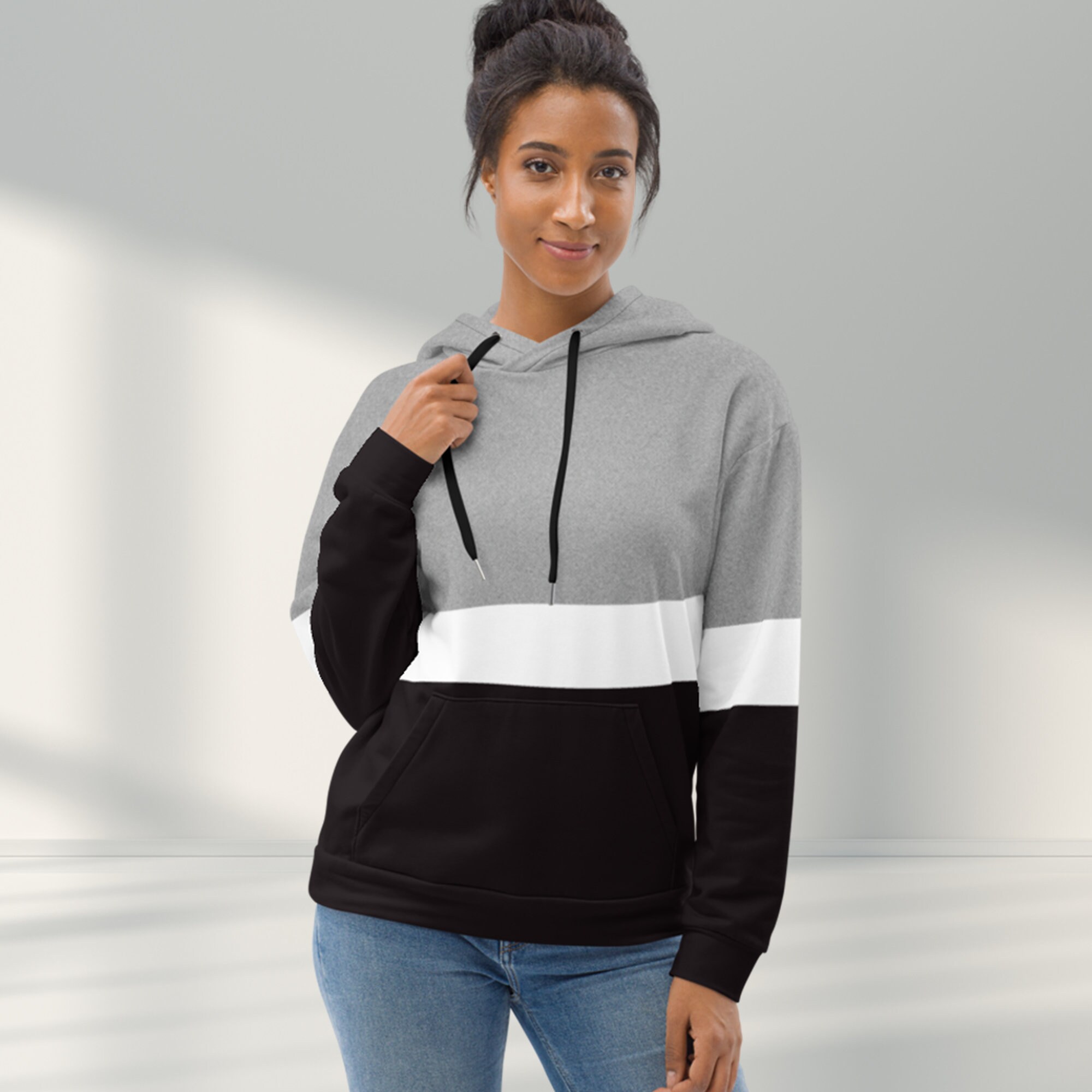 Black sweatshirt with white stripes on sleeves hot sale