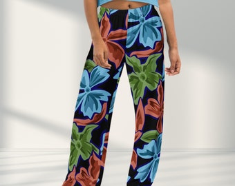 Handgetekende broek met wijde pijpen en bloemen