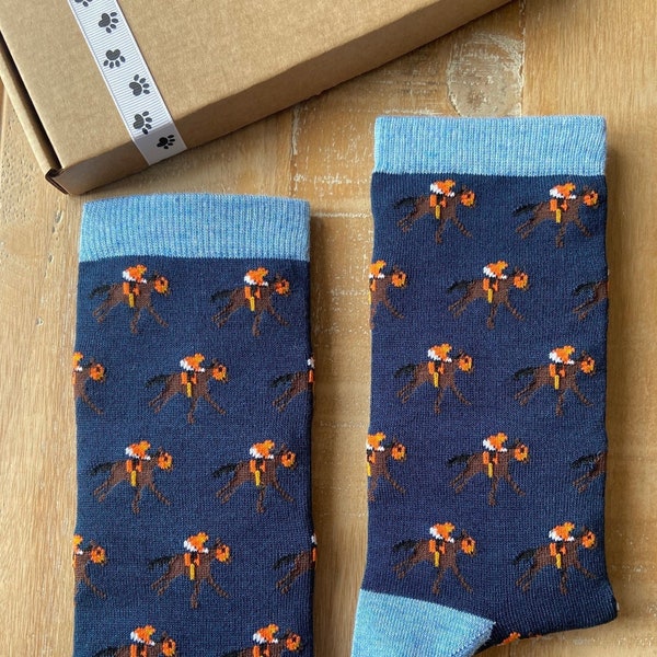 Horse Racing Socks - Women's Socks - Bamboo Socks - Navy Blue Socks