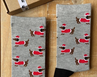 Christmas Sausage Dog Bamboo Socks | Festive Gift | Christmas Fashion Accessory | Women's Size 4-8 | Grey (Other Colours Available)