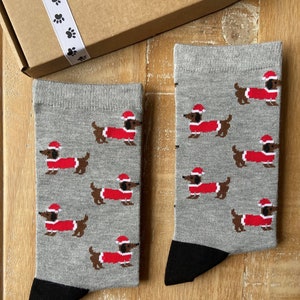 Christmas Sausage Dog Bamboo Socks | Festive Gift | Christmas Fashion Accessory | Women's Size 4-8 | Grey (Other Colours Available)