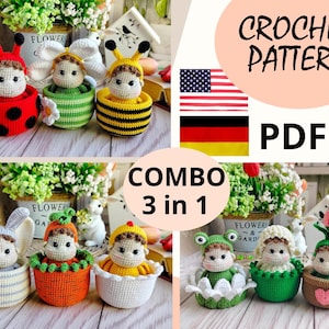 Puede incluir: Paquete combinado de patrones de crochet PDF con 3 diseños de muñecas amigurumi: una mariquita, una abeja, una calabaza, un conejito, una flor y una rana. El patrón está disponible en inglés y alemán.