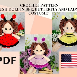 Сrochet pattern handmade doll in butterfly bee ladybug costume / amigurumi pattern art doll