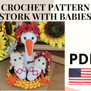 Amigurumi pattern crochet stork with babies / crochet pattern lovely stork with babies