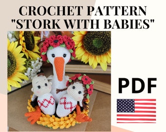 Amigurumi pattern crochet stork with babies / crochet pattern lovely stork with babies