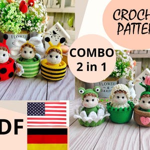 Może przedstawiać: Kombinacja wzorów na szydełku, 2 w 1, do robienia lalek amigurumi. Wzór zawiera instrukcje do wykonania biedronki, pszczoły, żaby i doniczki. Wzór jest dostępny w formacie PDF i zawiera wersje w języku angielskim i niemieckim. CROCHET PATTERN COMBO 2 in 1 PDF