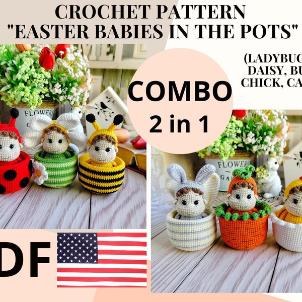 Amigurumi pattern Set Easter babies in the pots bunny chick carrot bee ladybug daisy / crochet pattern Easter decoration PDF