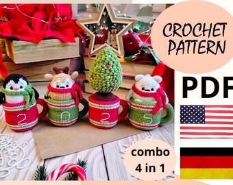 COMBO 4 in 1 / amigurumipatroon gehaakte kerstversiering 2023 / haakpatroon kerstamigurumi