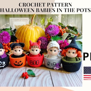 May include: Crochet pattern for Halloween babies in pots. The pattern includes five different designs: a vampire, a pumpkin, a ghost, a witch, and a zombie. The pattern is available as a PDF download.