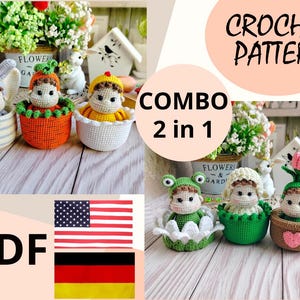 Może przedstawiać: Zestaw wzorów na szydełku z dwoma uroczymi postaciami amigurumi. Pierwsza postać to królik w doniczce, a druga to żaba w doniczce z kwiatami. Wzór dostępny jest w języku angielskim i niemieckim. Pobierz PDF.