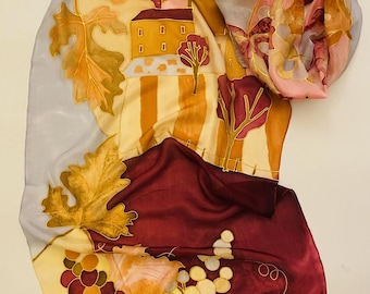 Hand-Painted Silk Scarf, Tuscany Vineyard Landscape, Golden Outlines