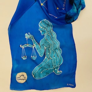 Zodiac sign Libra scarf/Hand painted Batik silk scarf/Blue light shawl/Astrology scarf/Birthday gift for her/Stars scarf/summer art fashion