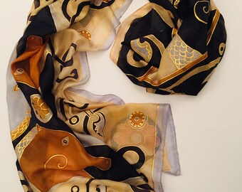 Silk scarf with Horse Heads/Hand painted beige and black scarf with horses/Large size unique Designer shawl/Exclusive accessory for her