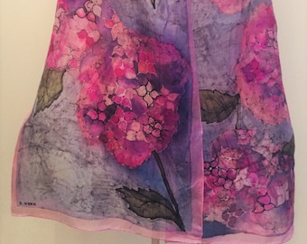 Hydrangea Silk Scarf/Lightweight Floral summer scarf/Purple Pink blossoms hand painted Shawl/Romantic Hortensia/Rose of Japan/