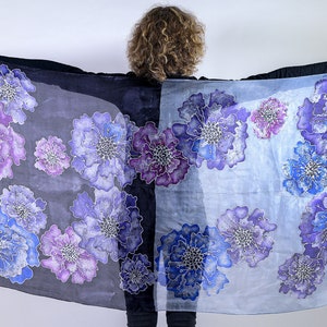 Silk scarf with big pink and purple flowers/Hand painted elegant grey and black batik shawl/Floral spring scarf/ Gift for her/Light scarf