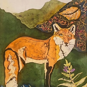 Fuchs Seidenschal handbemalt/ Eule auf Seide/ Tierisch Batik Schal/ Grün, Braun feminines Accessoire/ Geschenk für Sie/ Leichter Schal in Herbstfarben