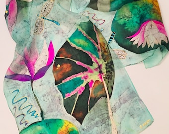 Hand-Painted Silk Scarf: Water Lilies, French Art Batik Shawl